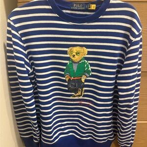Polo by Ralph Lauren Blue and White Striped Sweater with Bear Motif